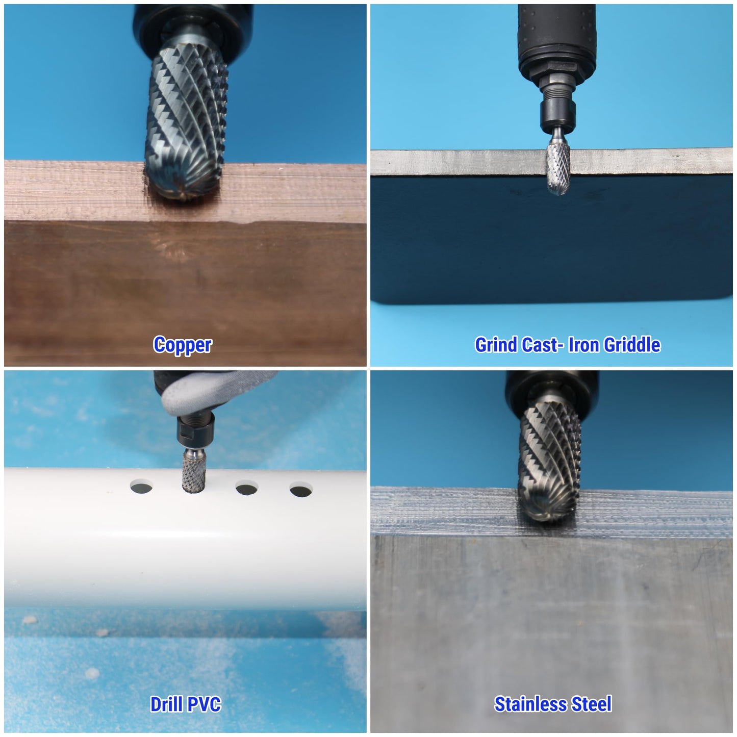 Sworker 4Pcs Carbide Burr Set 1/4 Shank w/Clear Box Head Dia 8mm Die Grinder Bits Rotary Tools Attachment Kit Rasp File Accessories Metal Wood Stone Steel Grinding Deburring Cutting Porting Carving