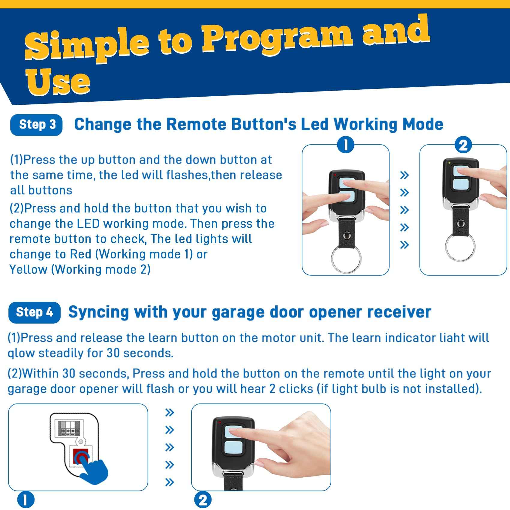 3 Garage Door Opener Remote, for liftmaster Craftsman Chamberlain Garage Door Opener Remote Universal, Work with Yellow Purple Red Orange Green Learn Button, 893max 893lm 890max 891lm