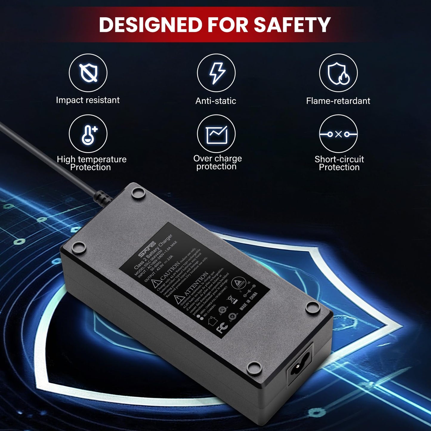 E-Mangue 36V Lithium Battery Charger Output 42V 2A for Electric Bike Battery Scooter Batteries, Charger with DC2.1 Jack Connector (5.5X2.1mm)