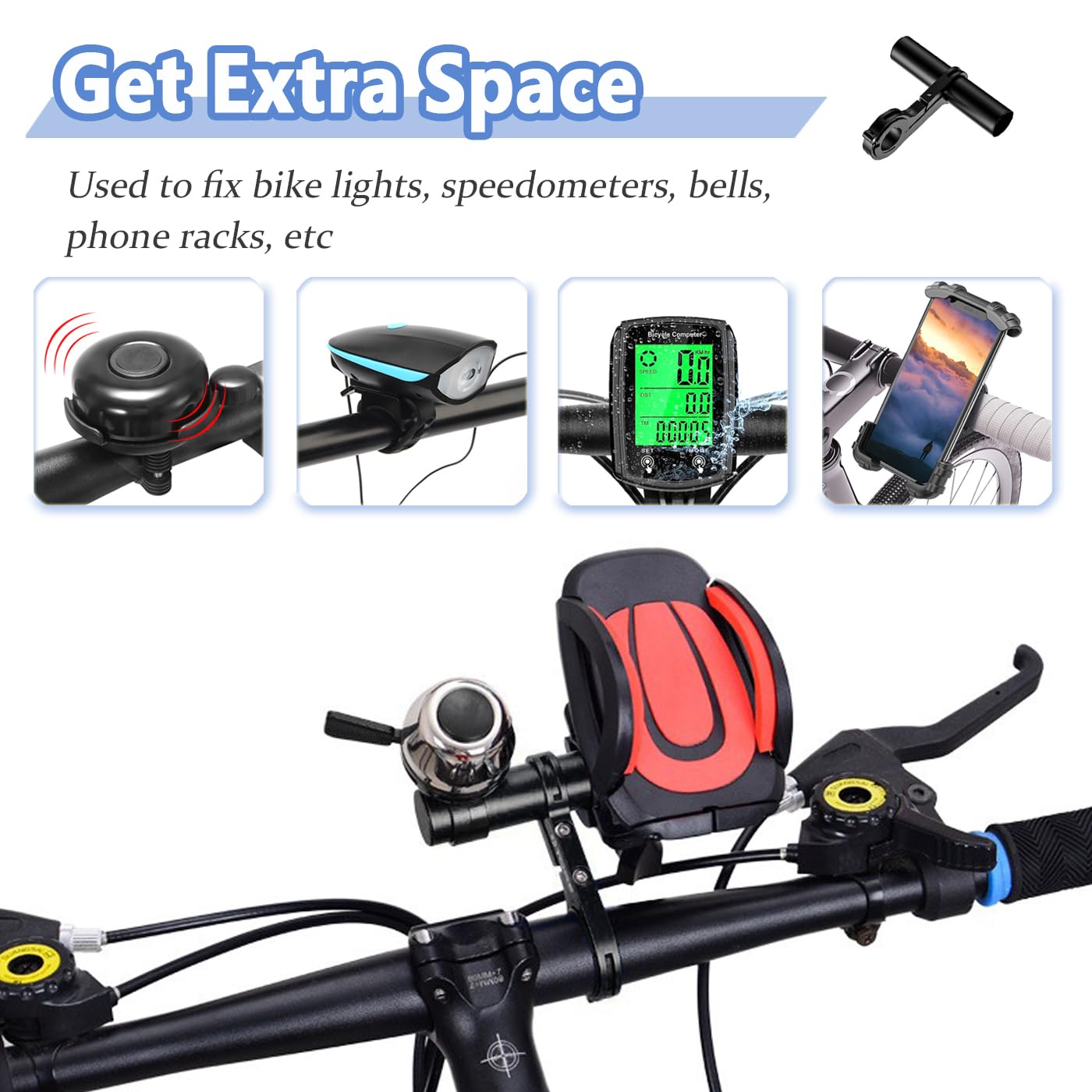 Mesee Bike Handlebar Extender Bicycle Handlebar Clamps Extension Mount Holder Aluminum Alloy Single Clamp Cycling Bracket for Bike LED Light, GPS, Speedometer