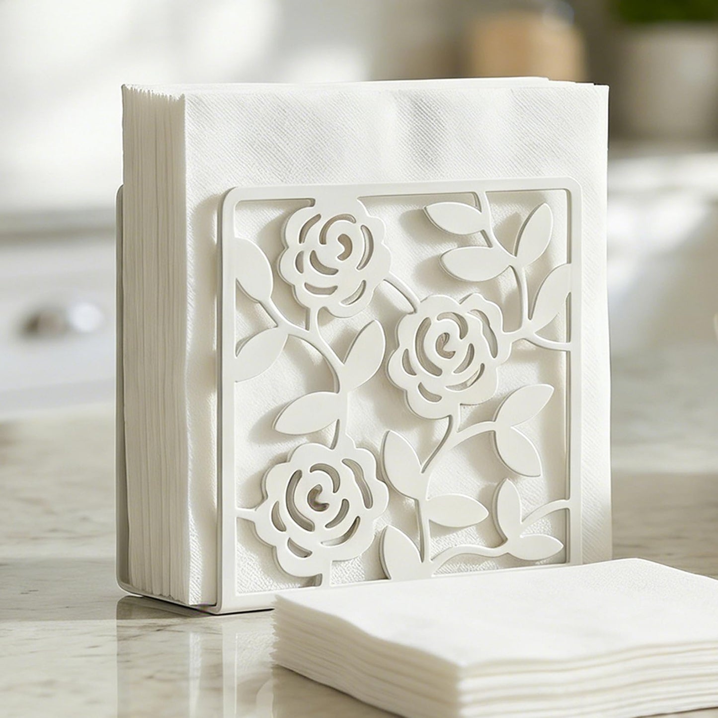 Resama Metal Napkin Holder for Table,Metal Rose Standing Napkin Holder for Kitchen Dining Tables & Countertops, Black Countertop Napkin Holders for Indoor & Outdoor,Unique Table Decor Gifts (White)