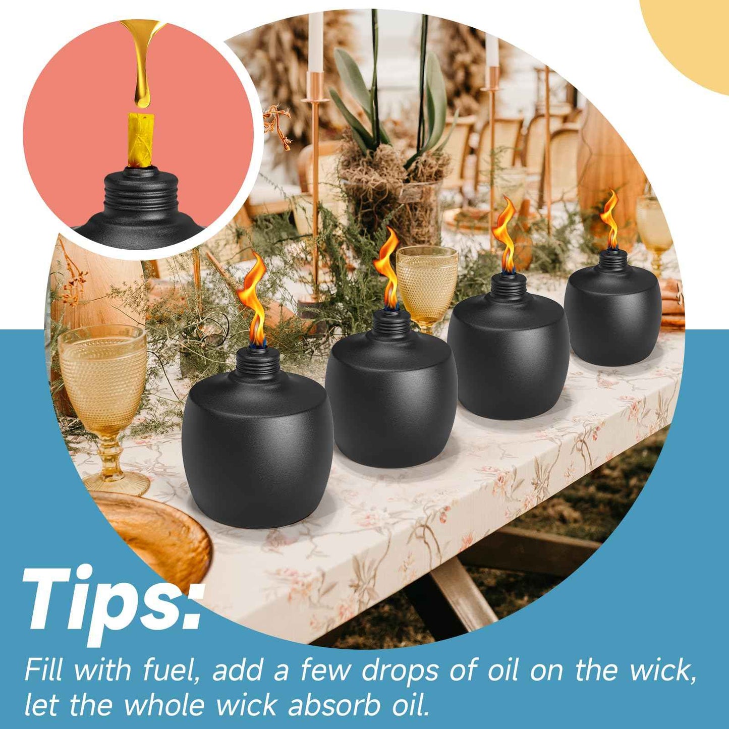 FALBAWR 2-Pack Citronella Tabletop Torches, 21.5 oz Table Top Torches for Outdoor, Metal Oil Burner Candles, Garden Torches with Fiberglass Wick for Yard, Patio, Deck, Garden, Party, Landscape