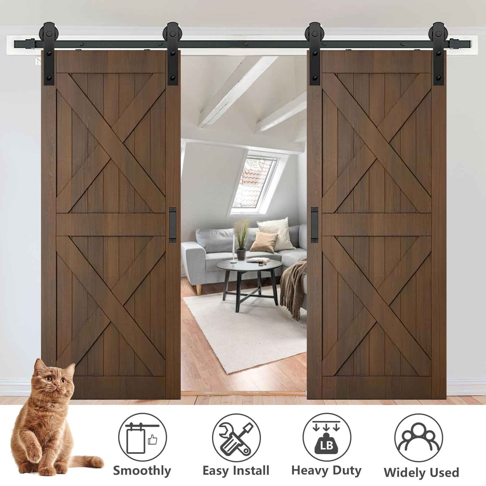 Arti-Life 12ft Heavy Duty Sturdy Sliding Barn Door Hardware Kit with Door Hook and 2 Handles, Double Door-Smoothly and Quietly, Easy to Install - Fit 1 3/8-1 3/4" Thickness & 36" Wide Door Panel