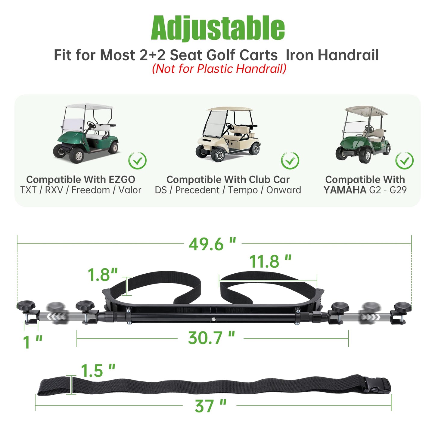 10L0L No Drilling Golf Cart Bag Holder, Universal Adjustable Rear Seat Bag Attachment for 2+2 Seater with 1” Square Metal Frame (Not for Plastic), Stainless Steel Bracket, Fits Yamaha,EZGO, Club Car
