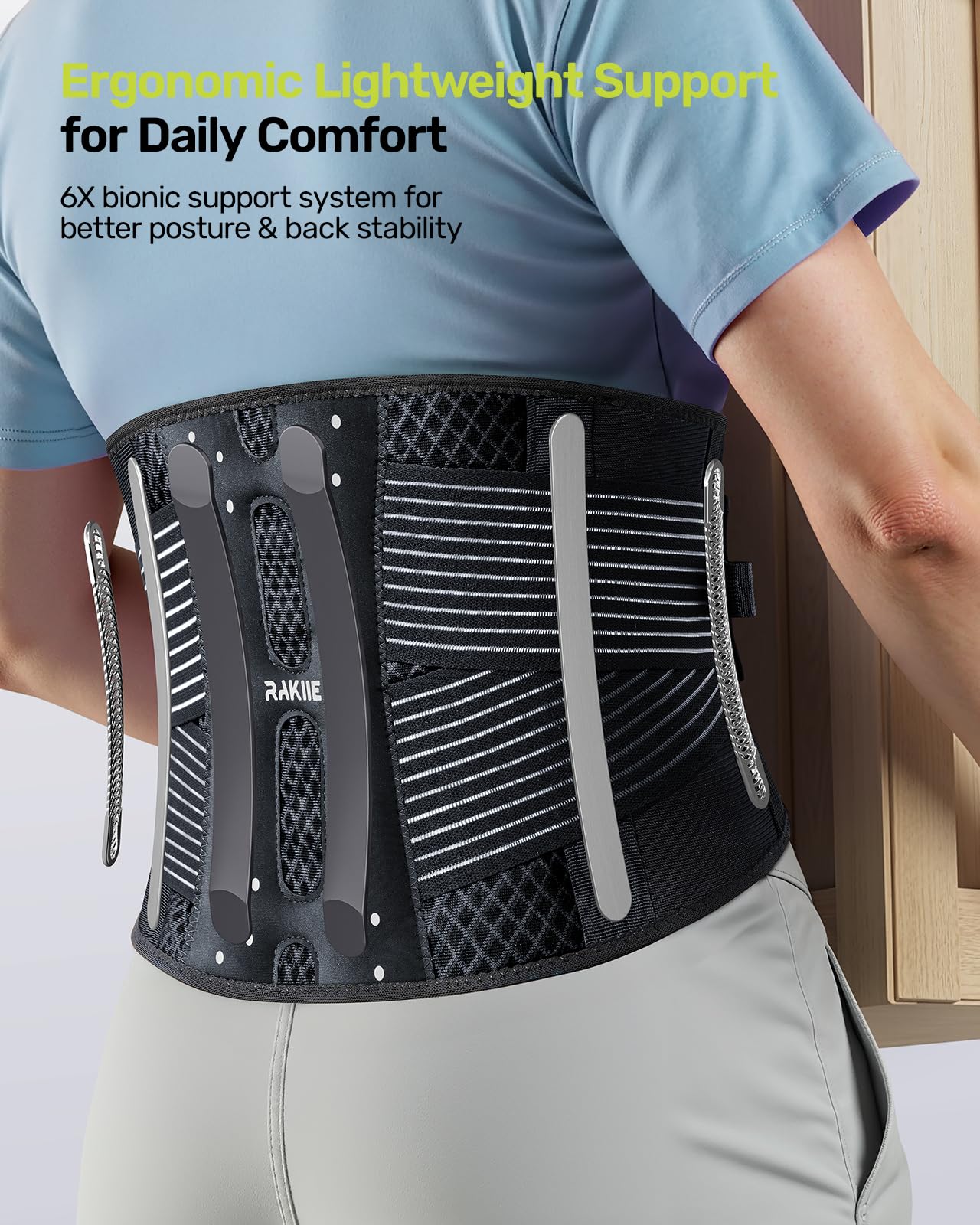 Rakiie Slim Back Brace for Lower Back Pain Relief, Lightweight & Breathable Back Support Brace for Men Women, Ergonomic Light Lumbar Support for Everyday Wear, Light Gray M