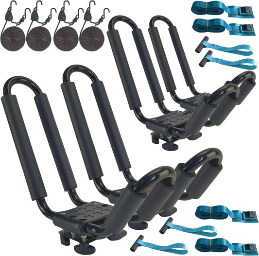 Skiennix Heavy Duty Kayak Rack - Includes 4 Ratchet Ties for Easy Car Roof Mounting | J-Bar Design
