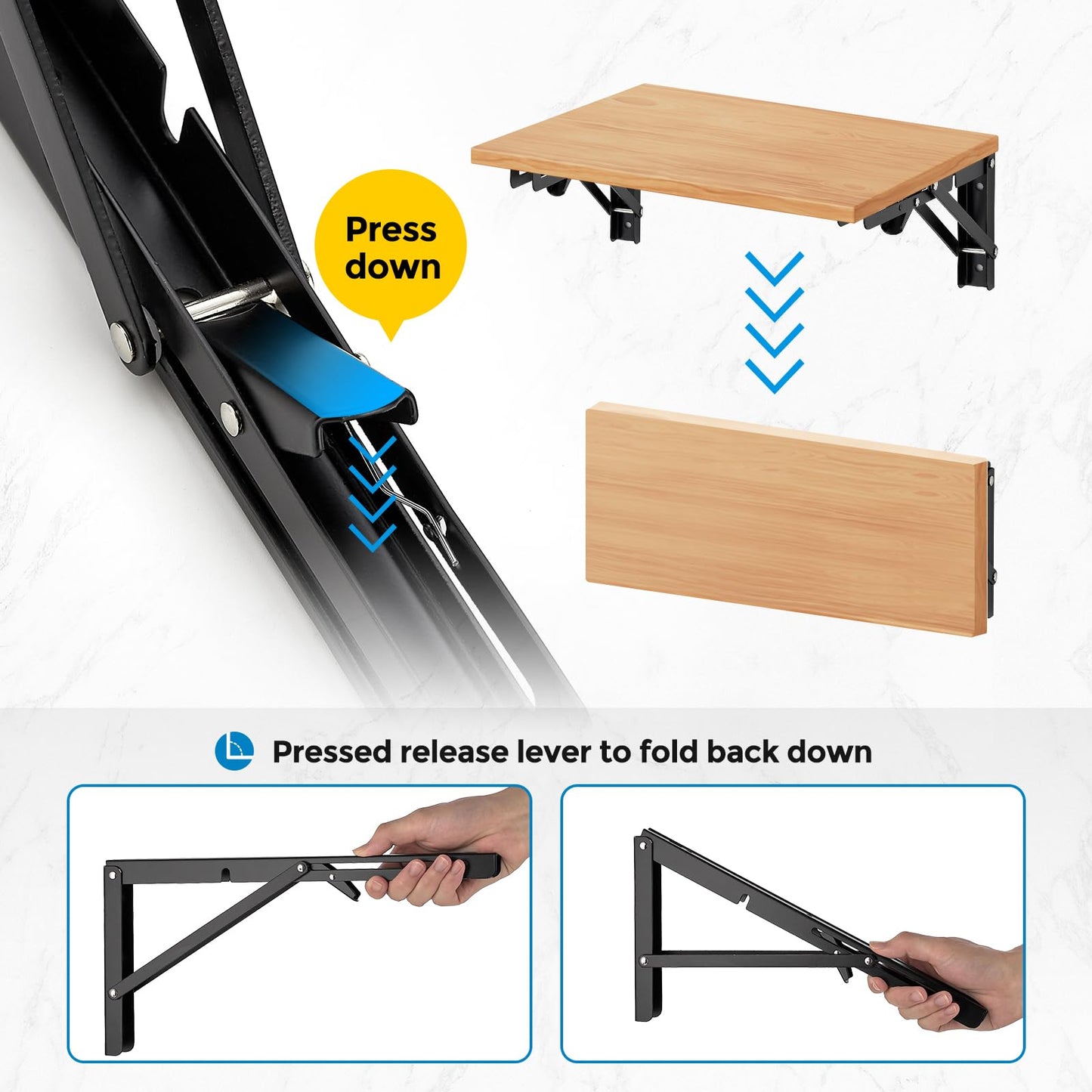 Home Expert 6 Inch Folding Shelf Brackets, 2 Pack (1 Pairs) Heavy Duty Metal Collapsible Wall-Mounted Brackets, Space-Saving DIY Foldable Shelf for Benches and Tables, Matte Black