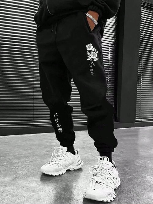 COZYEASE Men's Letter Graphic Print Drawstring Waist Sweatpants Pocket Long Length Casual Jogger Black Print L