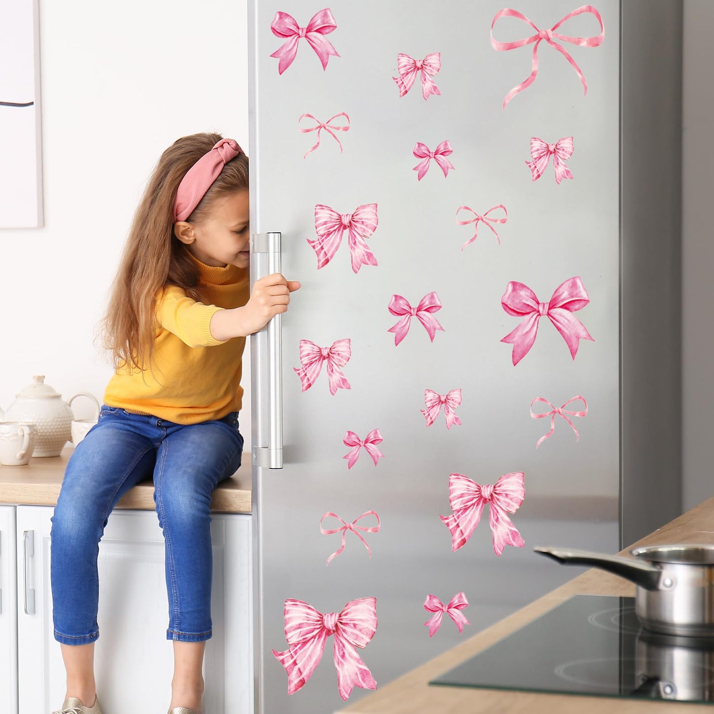 Whaline 12 Sheets Trendy Pink Bow Wall Stickers Light Pink Bow Knot Wall Decals Watercolor Room Mural Stickers for Valentine's Day Girls Party Home Bedroom Nursery, 7.9 x 11.8 Inch