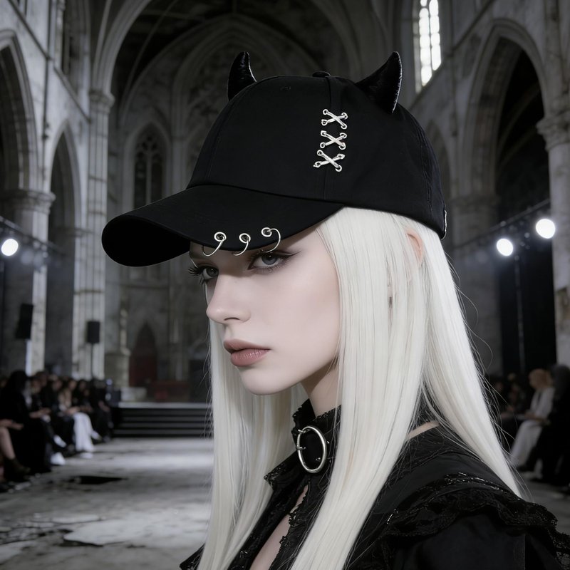 Trendy Adjustable Trucker Hat with Devil Horns, Metal Ring Casual Baseball Cap Women Men, Breathable Cotton K-pop Cap (Black, ONE Size)