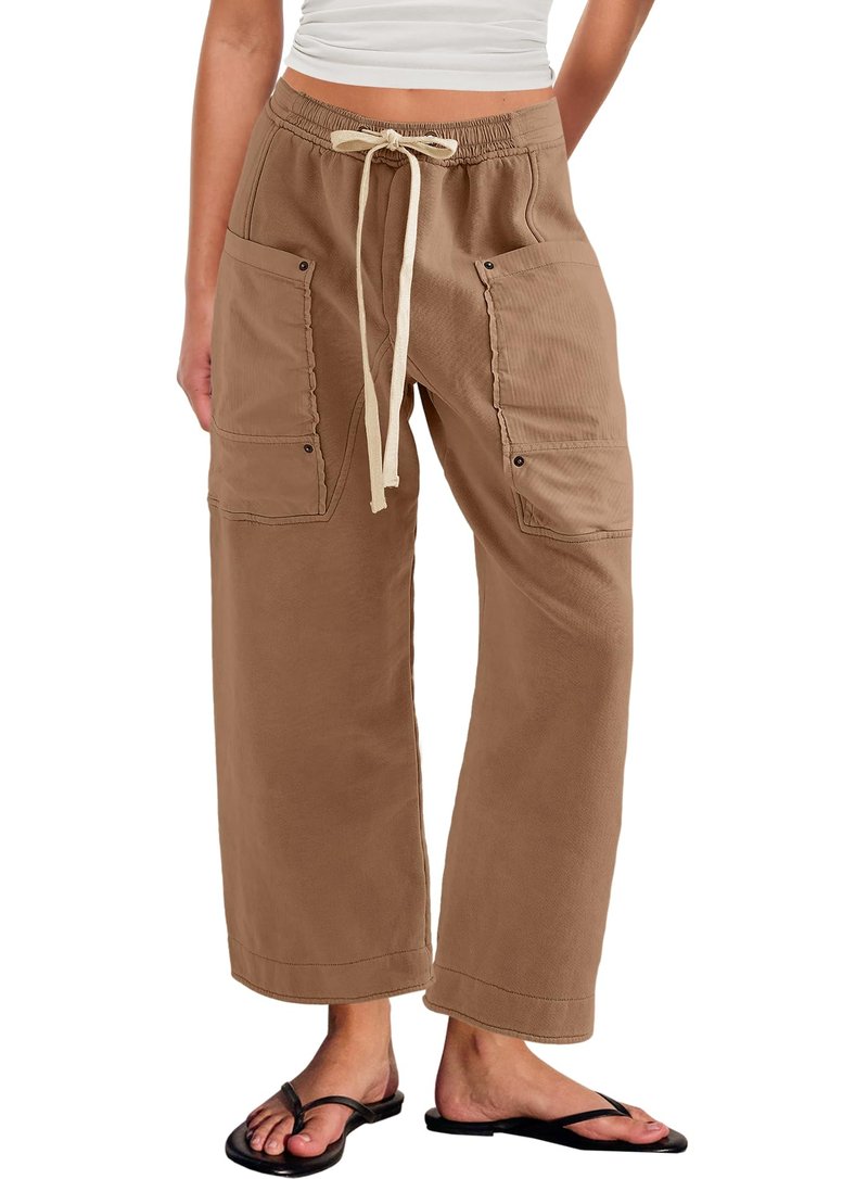 Panadila Women Wide Leg Pants Drawstring Barrel Sweatpants Baggy Cargo Pants Lounge Trousers with Pockets (Light Brown,M)