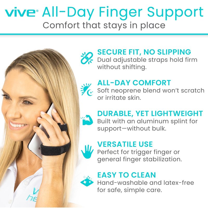Vive Trigger Finger Splint Brace - Middle, Pinky, Pointer, Ring and Thumb Support - Palm Strap Included - Straighten Curved or Broken Fingers - Adjustable, Breathable Fit - Aluminum Pain Relief Guard