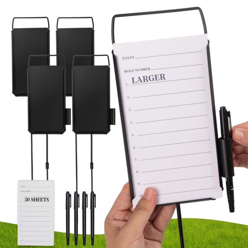 ZSHIGANMA 4 Pack Steel Longest Drive and Closest to the Pin Marker, Golf Metal Proximity/Course Distance/Fairway Distance Markers with 50 Sheets Cards and 4 Pens, for Outdoor Golf Tournament Signs
