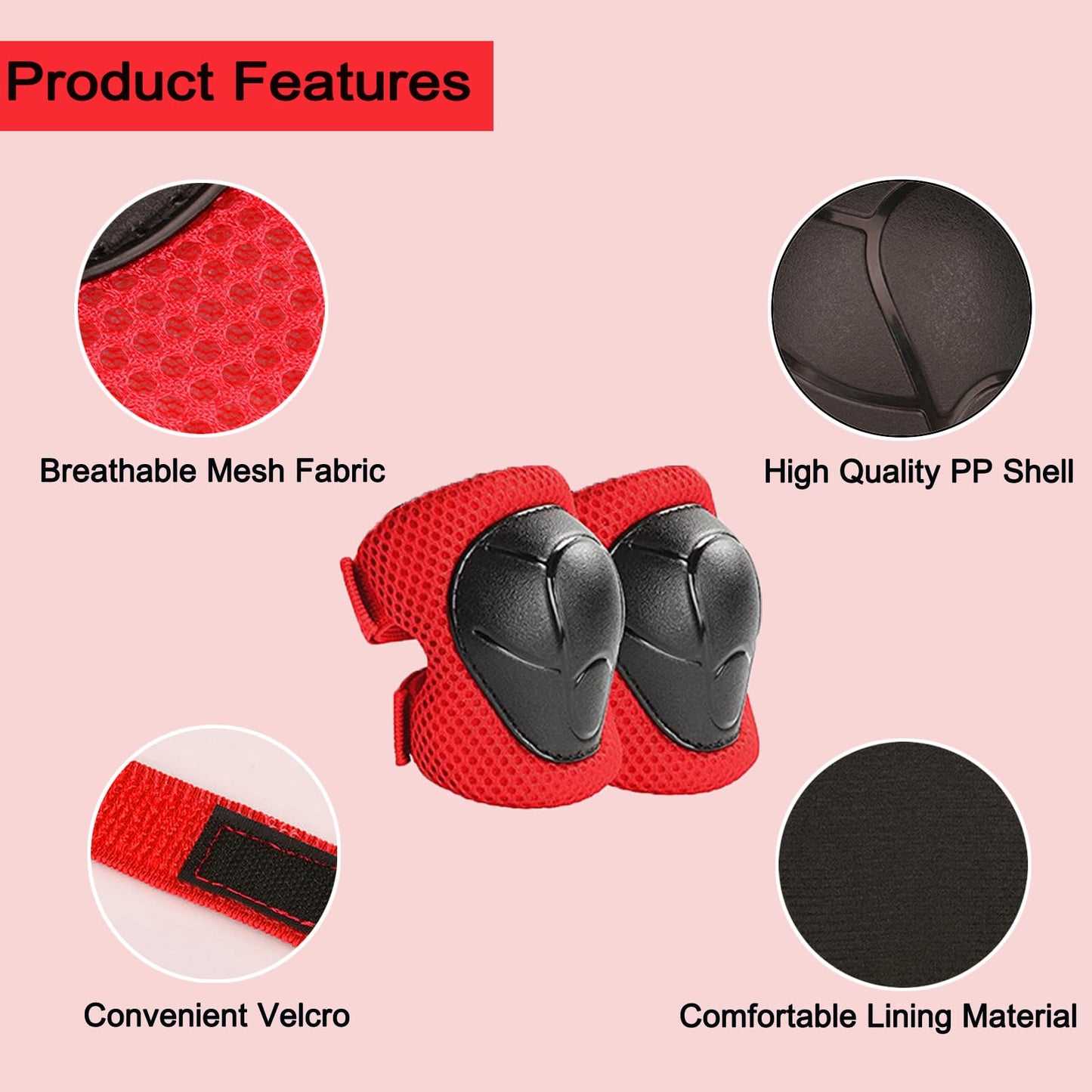 Oeyliz Kids Knee Pads Elbow Pads Guards 6 in 1 Protective Gear Set Ages 3-7 Toddler Boys Girls Kids for Multi Sports Roller Skates Cycling BMX Bike Skateboard Inline Skating (Red)