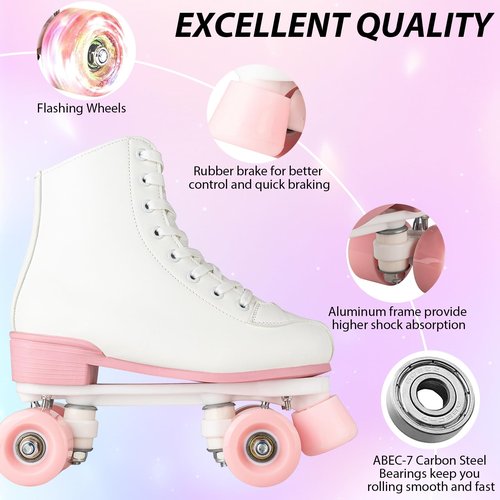 YYW Roller Skates for Women Girls White Pink Roller Skates Light Up Adult Double Row PU Leather Skates for Youth Adult Beginner Outdoor (Pink Flash Wheel,36)