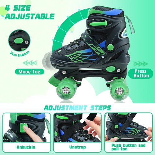 Roller Skates for Kids, Adjustable Quad Skates for Boys and Girls Ages 5-8 with Light Up Wheels, Children Beginners Rollerskates Green for Indoor Outdoor