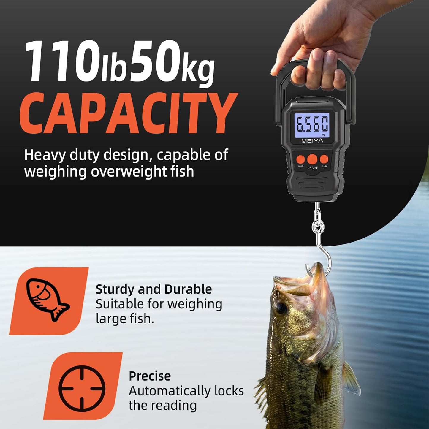MEIYA Digital Fish Scale - Accurate 110lb/50kg Capacity | Backlit LCD Display & Hook Included