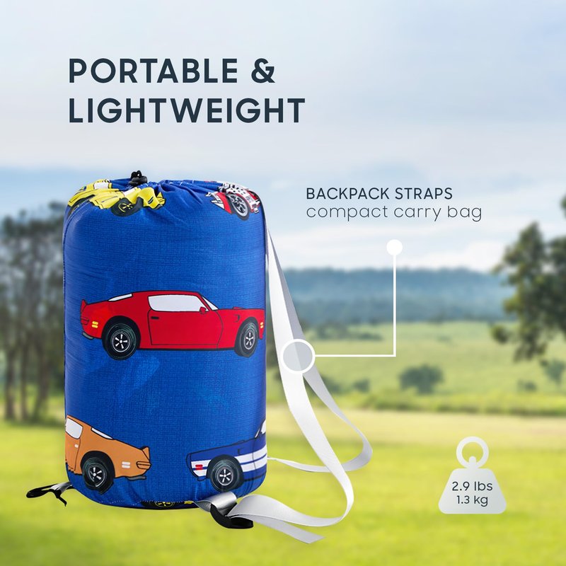 Wake In Cloud - Kids Sleeping Bag for Boys Toddlers, Camping in Warm Cold Weather, Backpacking Lightweight Compact Outdoor Liner for 3 Seasons, Race Cars Vehicles, Blue