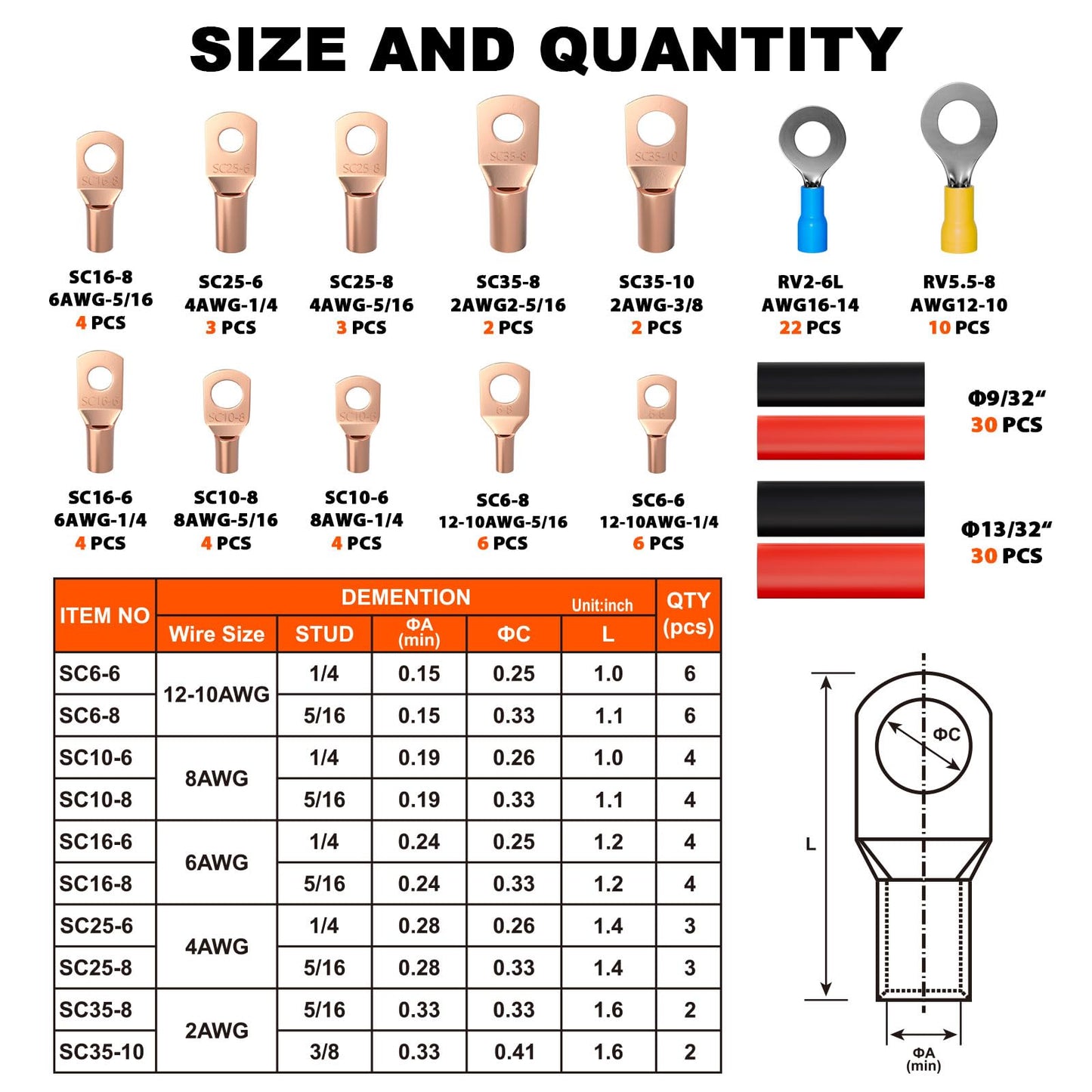 Sanuke 130pcs Copper Wire Lugs, Battery Lugs Awg 2 4 6 8 10 12 14 16 Copper Lugs Assortment Ring Terminals Connectors Wire Connectors Terminals, 70pcs Battery Cable Ends with 60pcs Heat Shrink