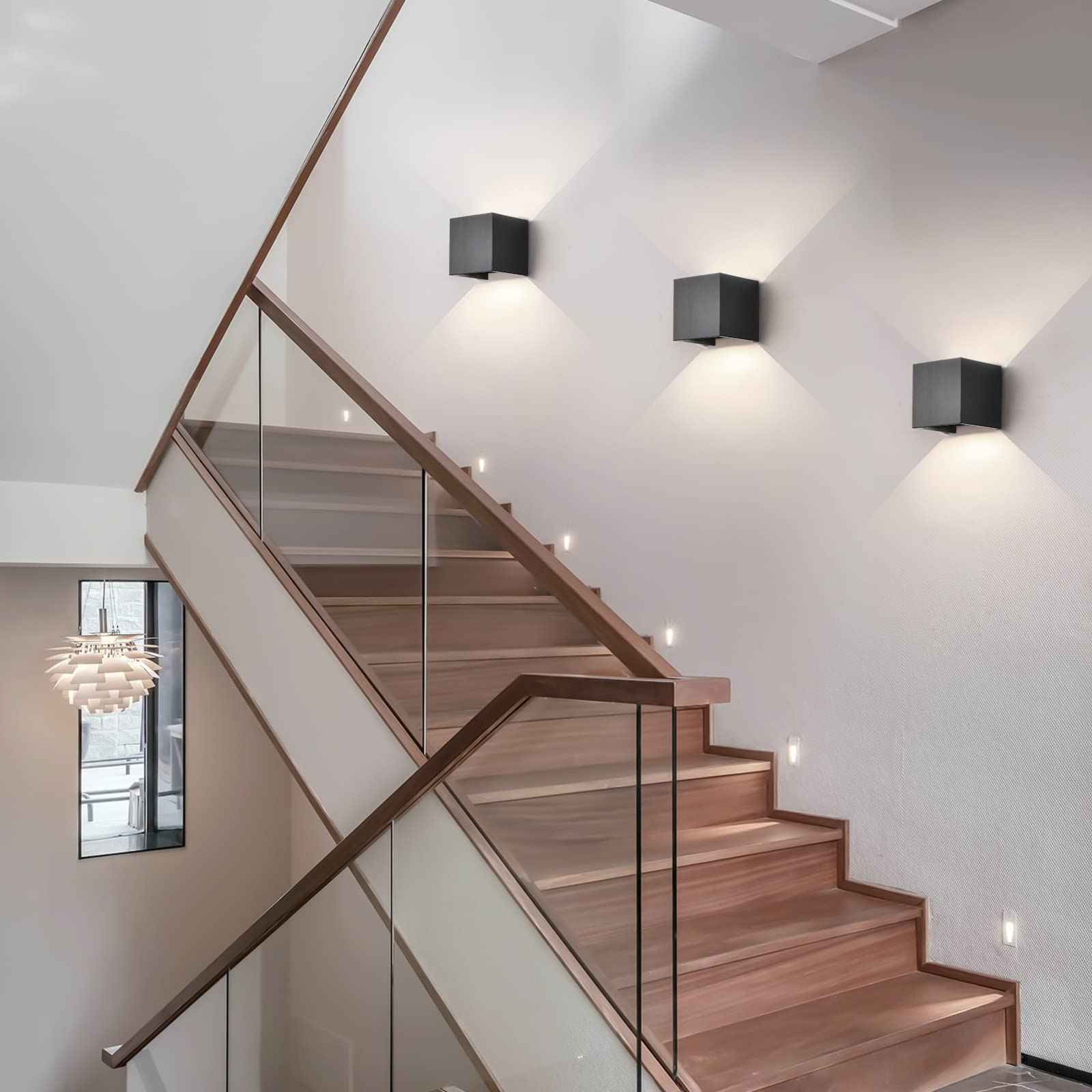 Mille Lucciole 12W 4Pack Outdoor Wall Lights Exterior/Interior,LED Black Outdoor Wall Sconces Light Fixtures Modern,IP65 Waterproof Square Aluminum Wall Lamps, Up and Down Lights 6500K Cold Lights