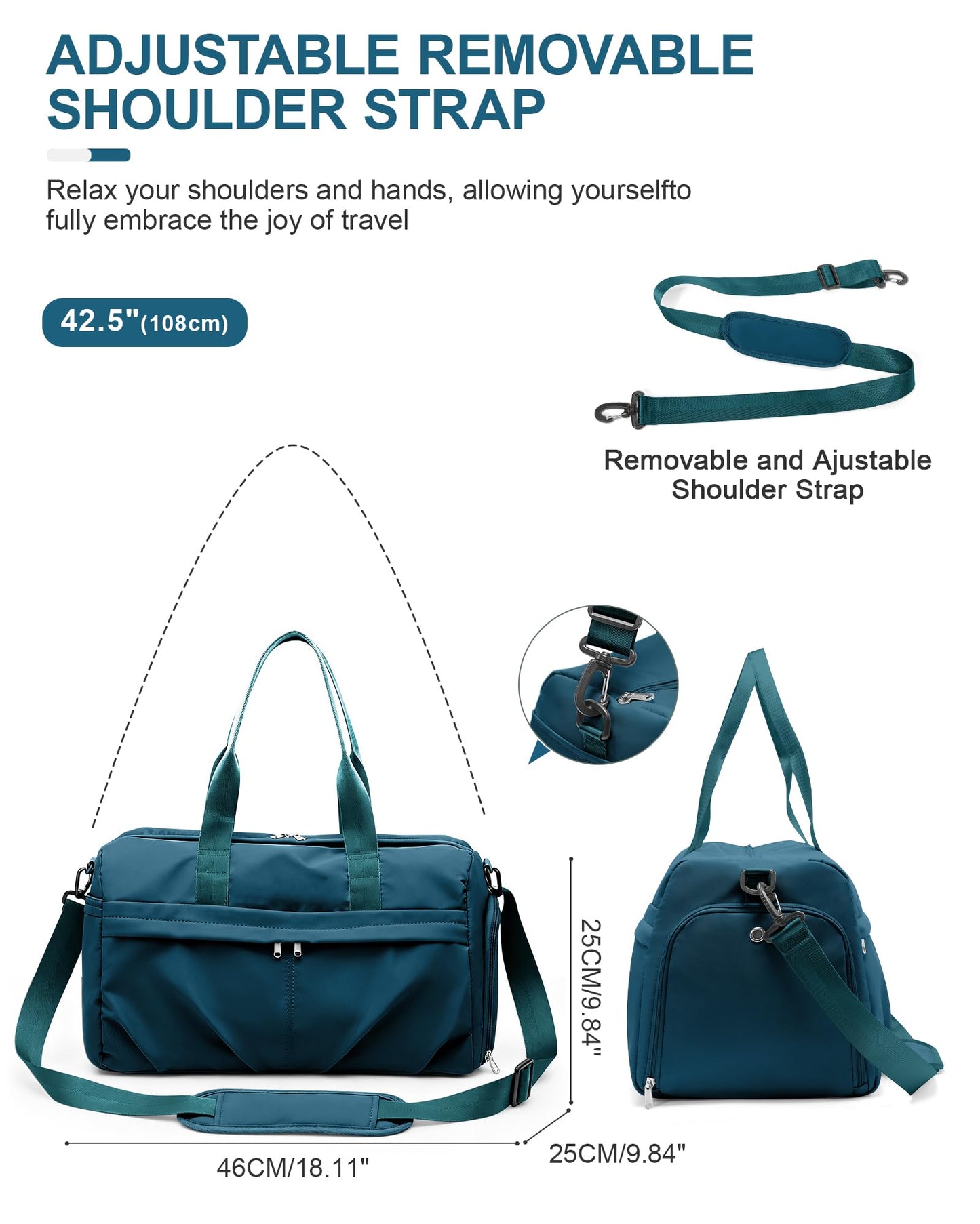 Gym Bag for Women Men with Shoe Compartment, Sport Duffel Bag, Waterproof Travel Weekender Overnight Carry on Bag for Yoga with Trolley Sleeve, Peacock Blue