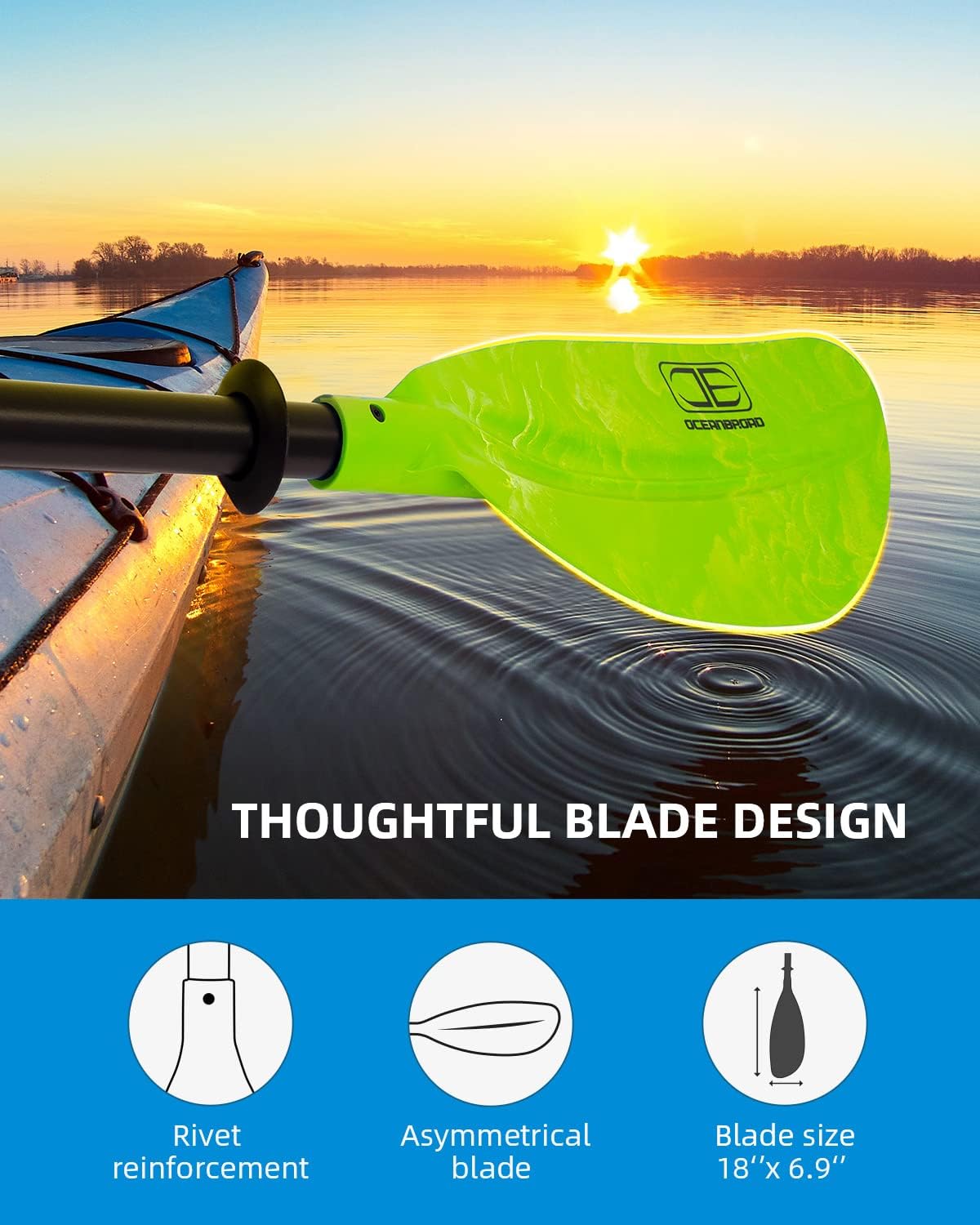 OCEANBROAD Adjustable Kayak Paddle - 86in to 94in | Lightweight Boating Oar with Paddle Leash