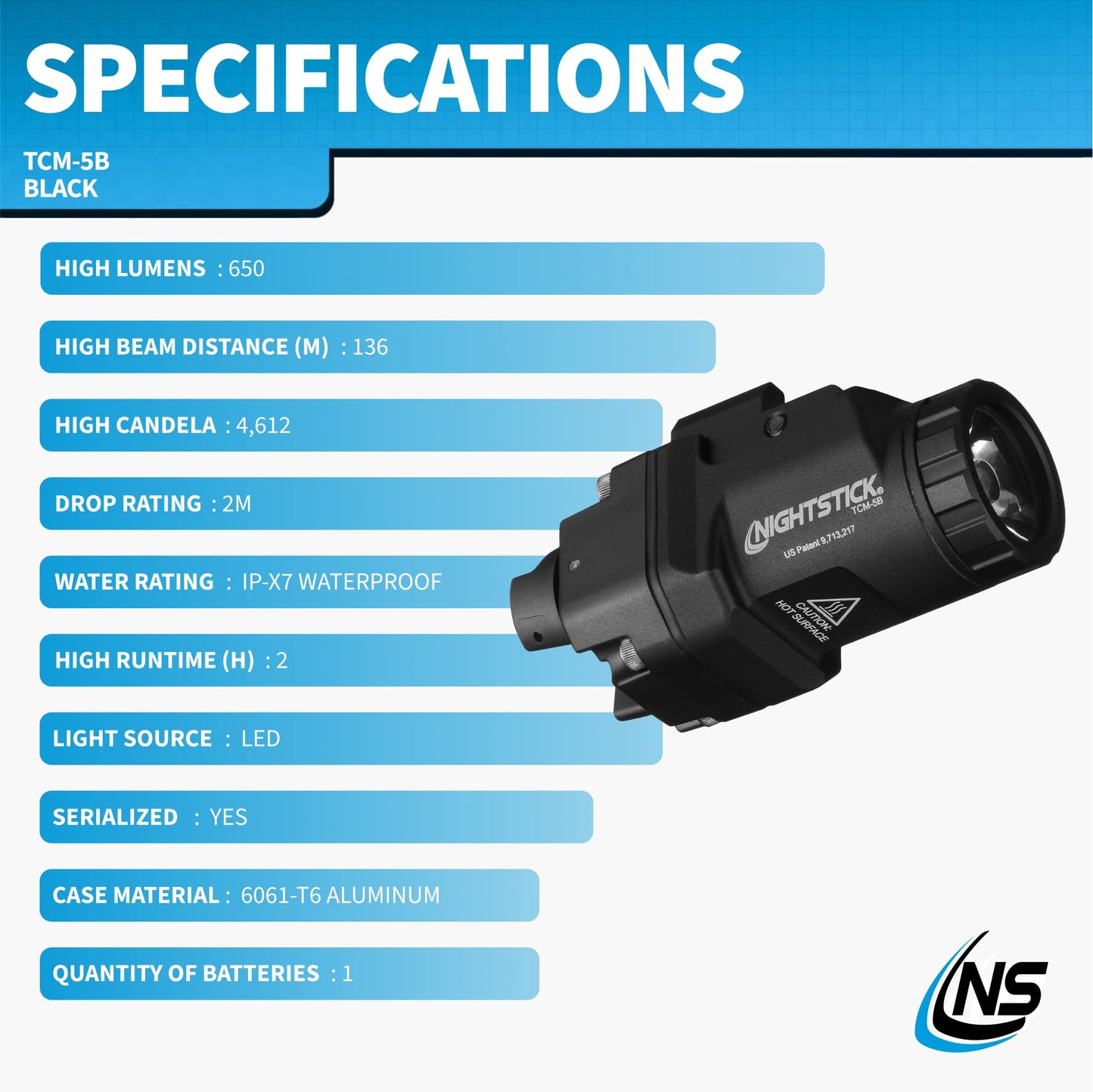 Nightstick TCM-5B Subcompact Handgun Light, Short/Narrow Rail Models - 1 CR123 - Black