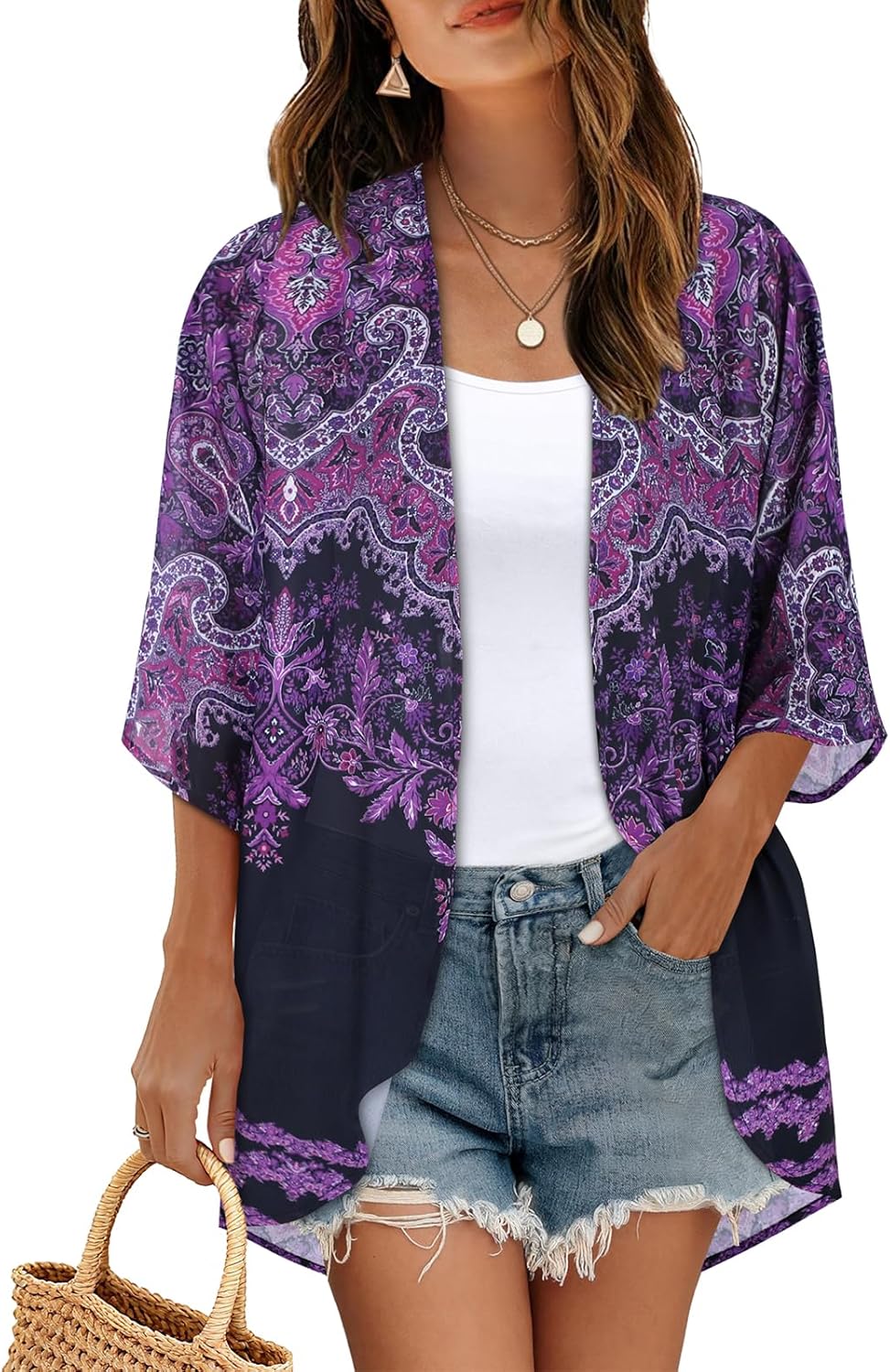 Skiennix Women's Floral Print Kimono Cardigan - Casual Puff Sleeve Cover-Up | Stylish Blouse Top