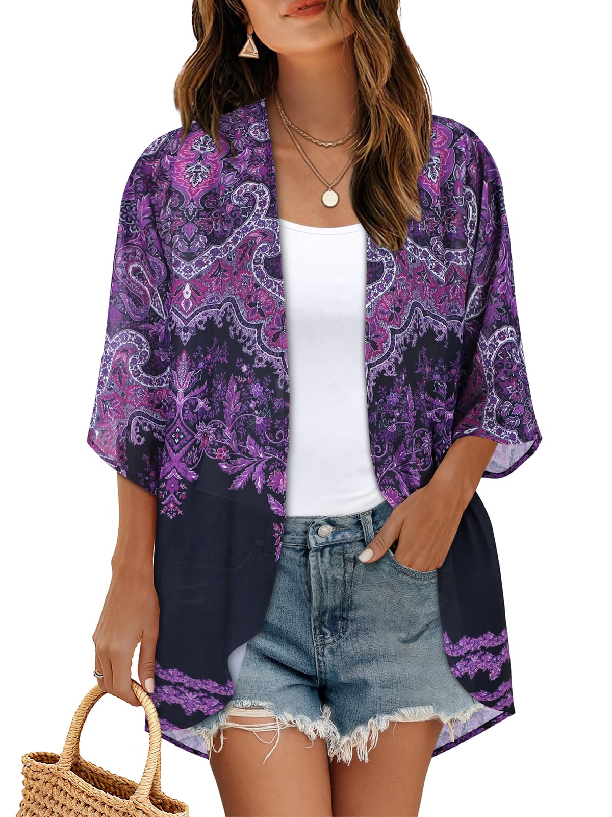 Women's Floral Kimono Cardigan Cover Up Casual Tops,Black Purple Boho,S