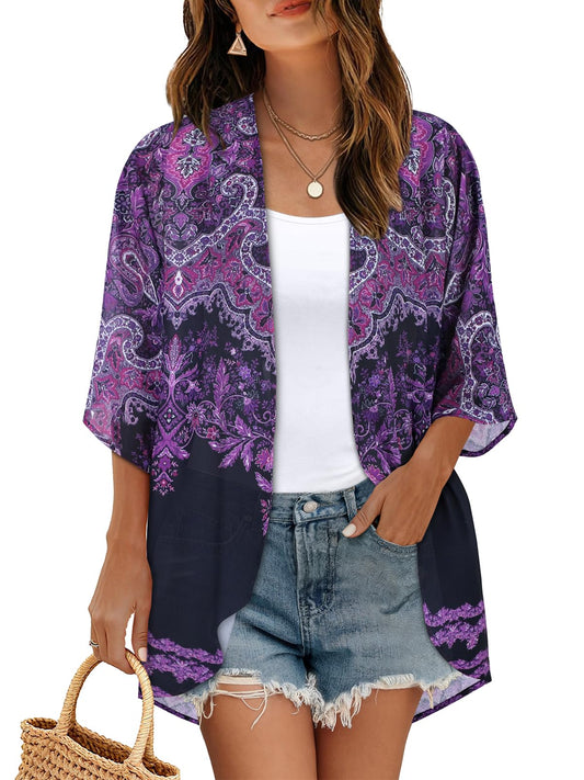 Women's Floral Kimono Cardigan Cover Up Casual Tops,Black Purple Boho,S