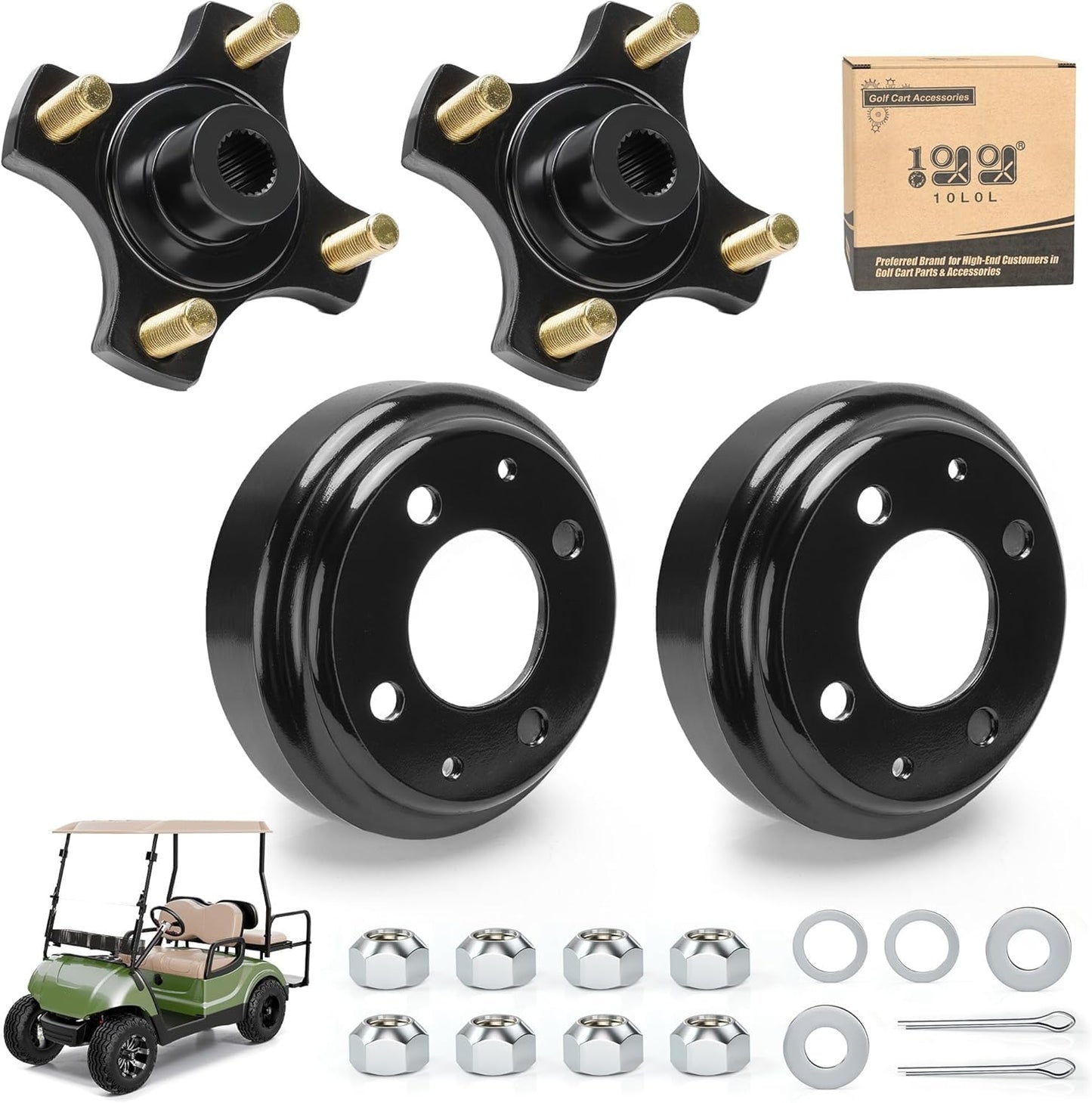 10L0L Golf Cart Split Brake Drum and Rear Wheel Hub Assembly for EZGO TXT Electric Golf Carts 1982-Up - Heavy Duty, Replace OEM 19186-G1, 615604, 604112