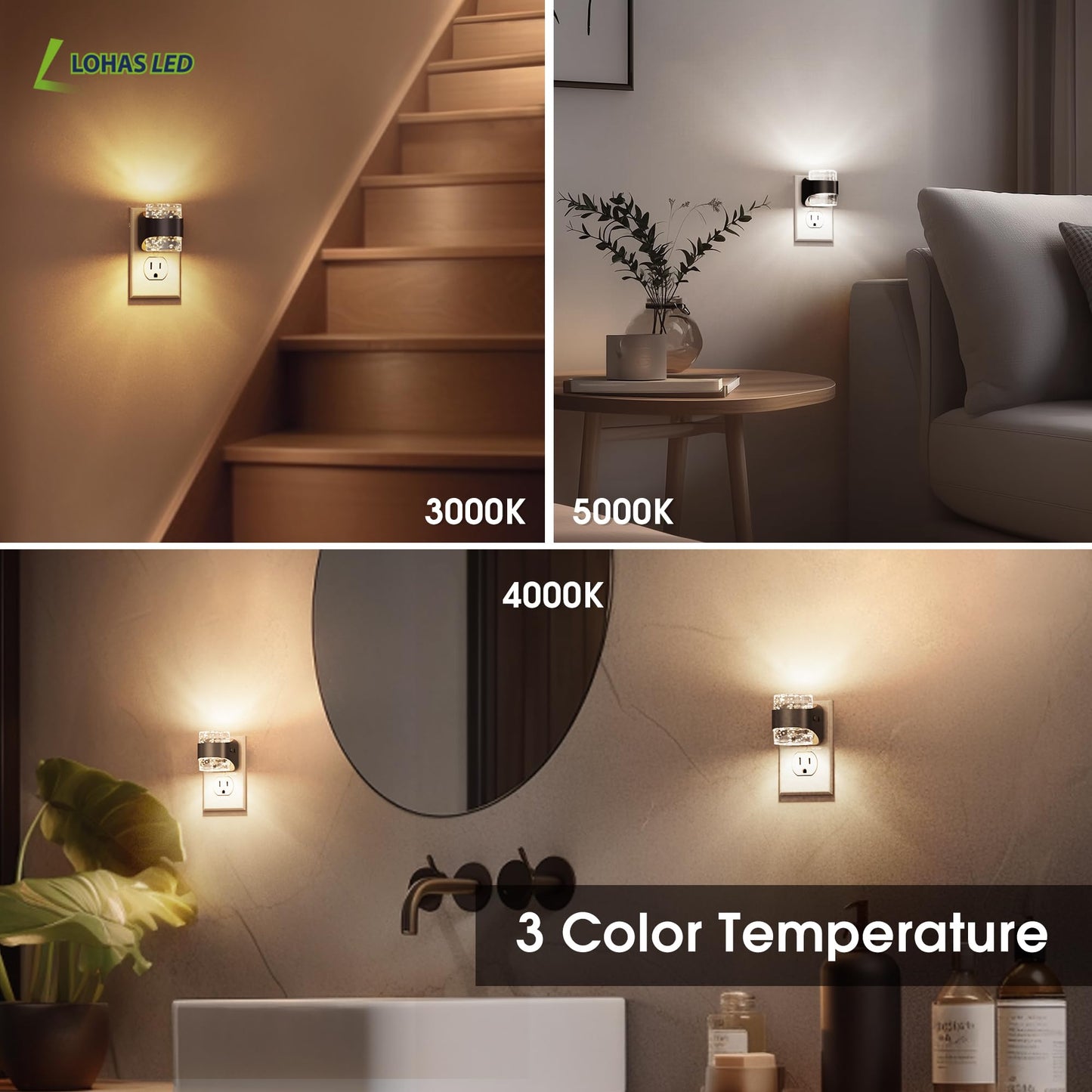 L LOHAS LED Night Light, Bubble Night Lights Plug into Wall,2 Pack 3000K/4000k/5000K Adjustable Color Temperature Night Light,Dimmable Nightlights with Dusk to Dawn Sensor for Rooms Bathroom Hallway