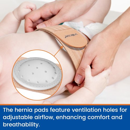 Willcom Umbilical Hernia Belt Baby, Belly Button Band Infant Belly Wrap Truss Abdominal Binder - with 3 Different Shaped Compression Pads for Newborn, Infant, Children, Toddler (Khaki-Reg)