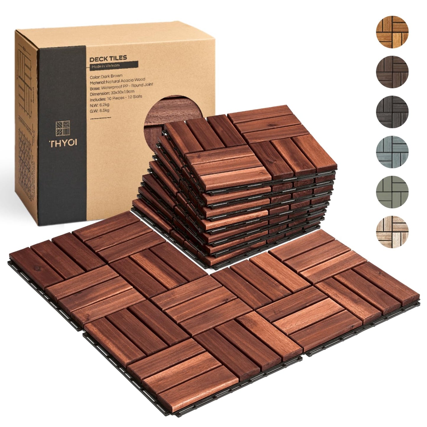 Outdoor Waterproof Acacia Wood Deck Tiles - 10 Pcs Patio Flooring for All Weather Use