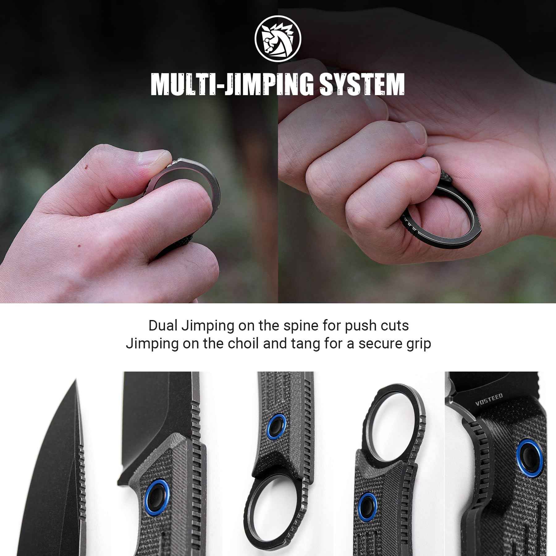 Vosteed Full Back Series EDC Fixed Blade Knife - 3.48" Nitro-V Steel Blade with Sheath, Black Micarta Handle with Finger Loop - Camping Hiking Knives - D0301