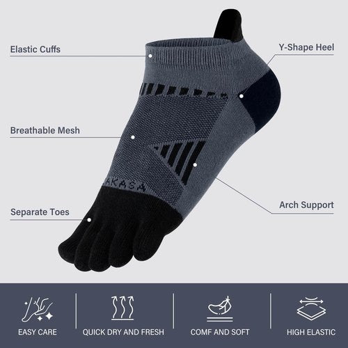 ZAKASA Toe Socks for Men Ankle: No Show Low Cut Five Finger Socks Cotton Breathable Athletic Running 4 Pairs Black 10-12