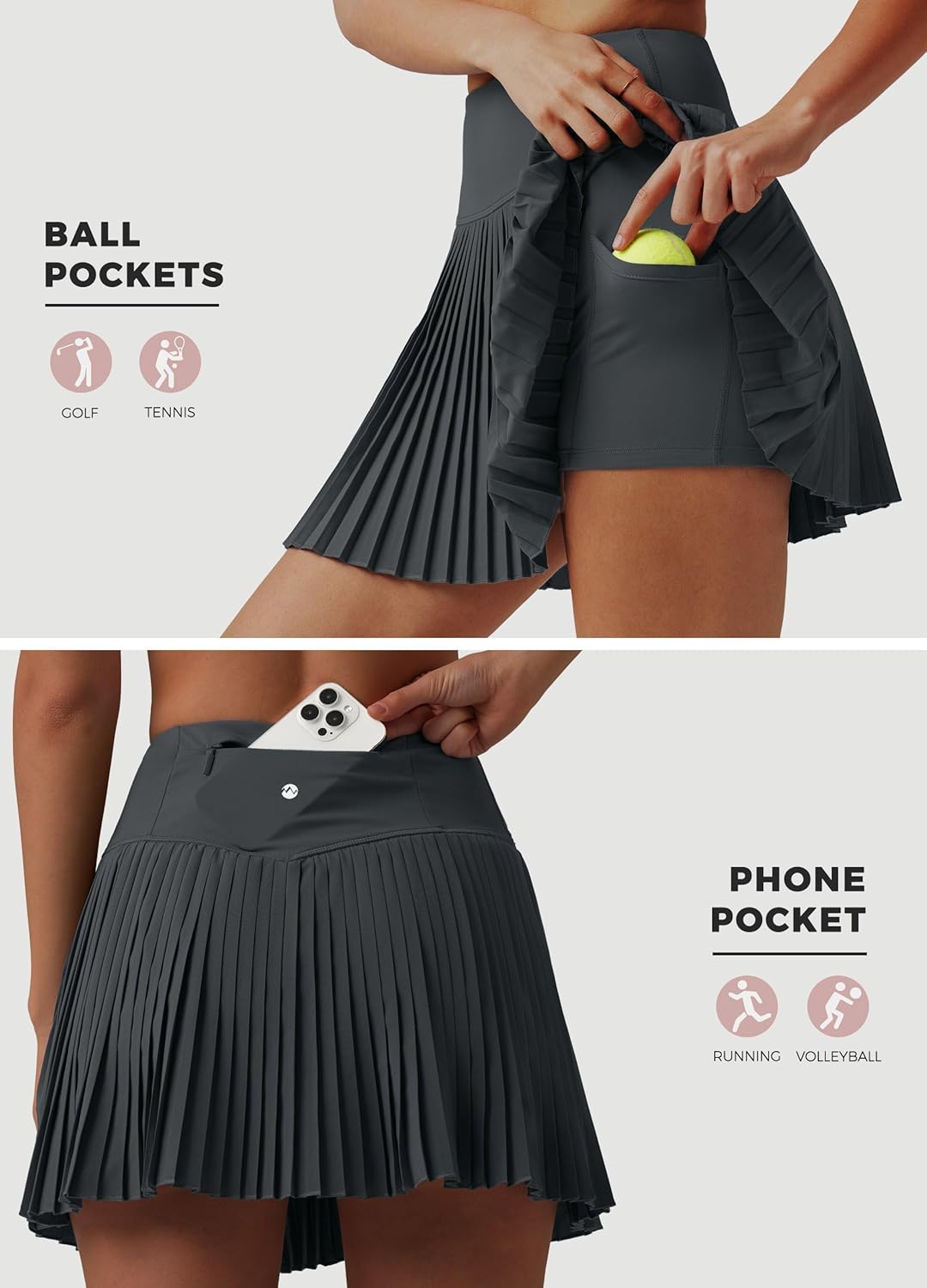 Willit Women's Pleated Tennis Skirts - High Waisted Athletic Golf Skorts with Lightweight Zipper Pockets