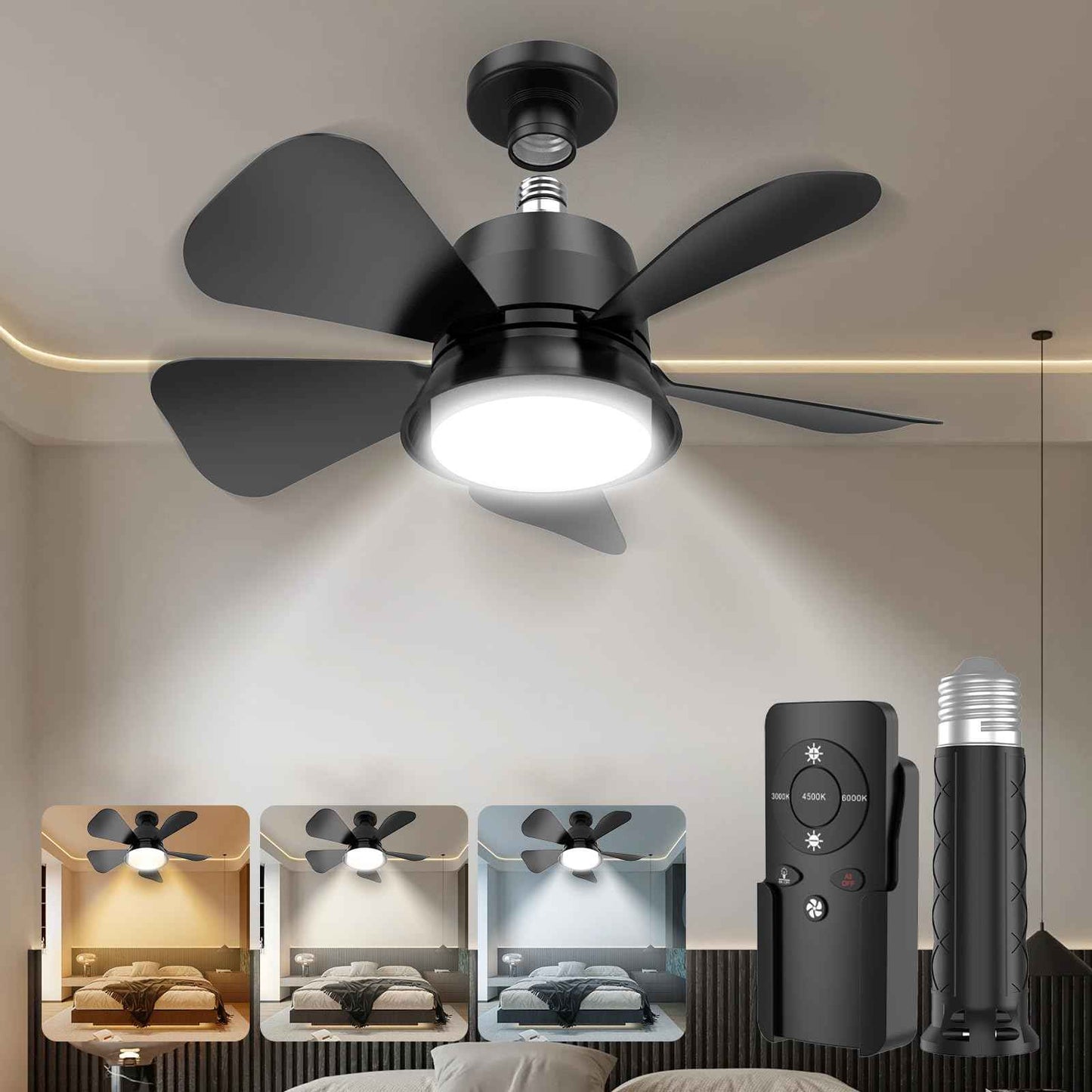 MOTCTQVD Ceiling Fan light with Remote, 5 Brightness Dimmable Ceiling Fans with Lights, 3000K-6000K Quiet 3-Speed Bedroom Ceiling Fans for Garage Living Room