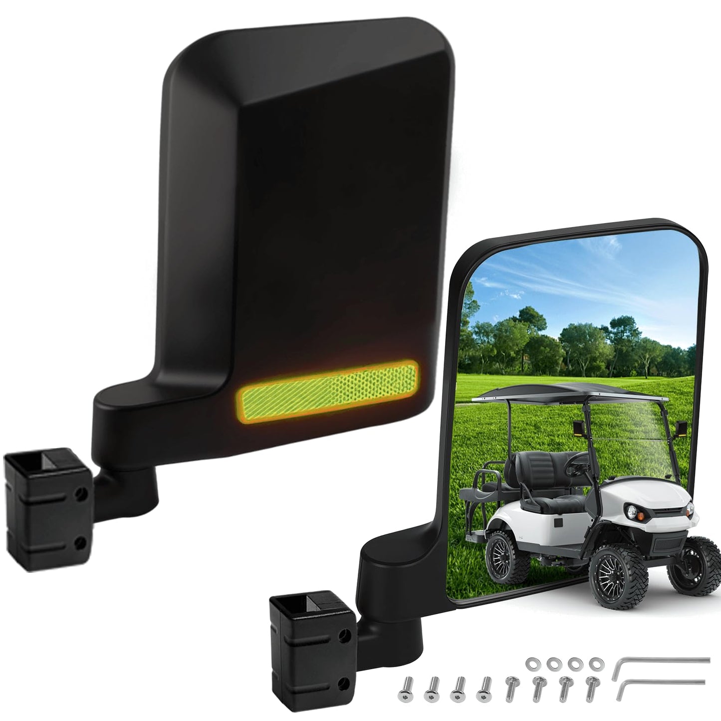 No Drilling Golf Cart Side Mirrors with Built-In Reflector, Universal HD Folding Side View Mirrors Fit EZGO, Club Car, Yamaha Golf Carts, for 0.75"/1"/1.25" Square Strut, Shatterproof Anti-Fog Glass