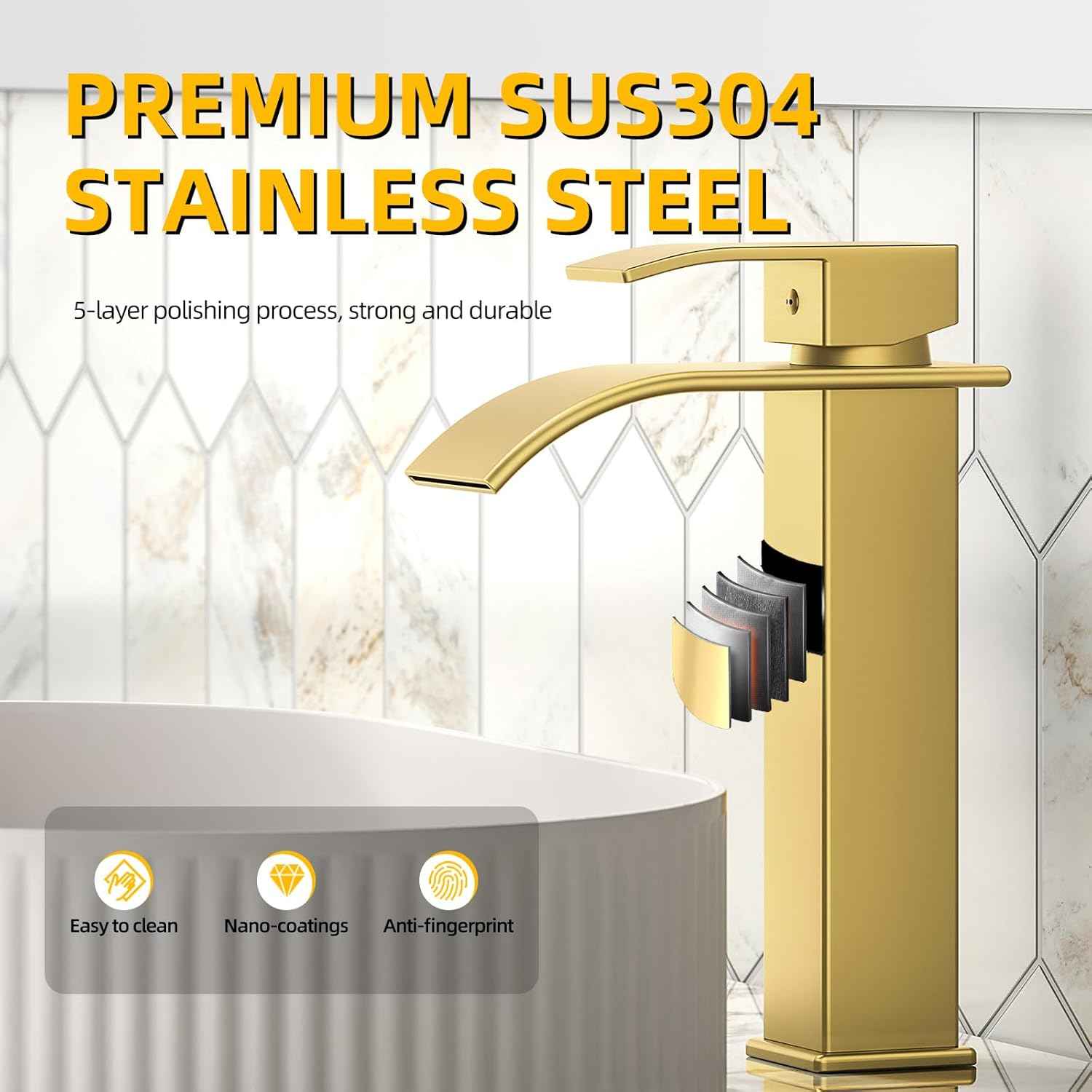 Modern Brushed Gold Bathroom Faucet with Waterfall Spout & Pop-Up Drain - Single Handle Vanity Sink Faucet
