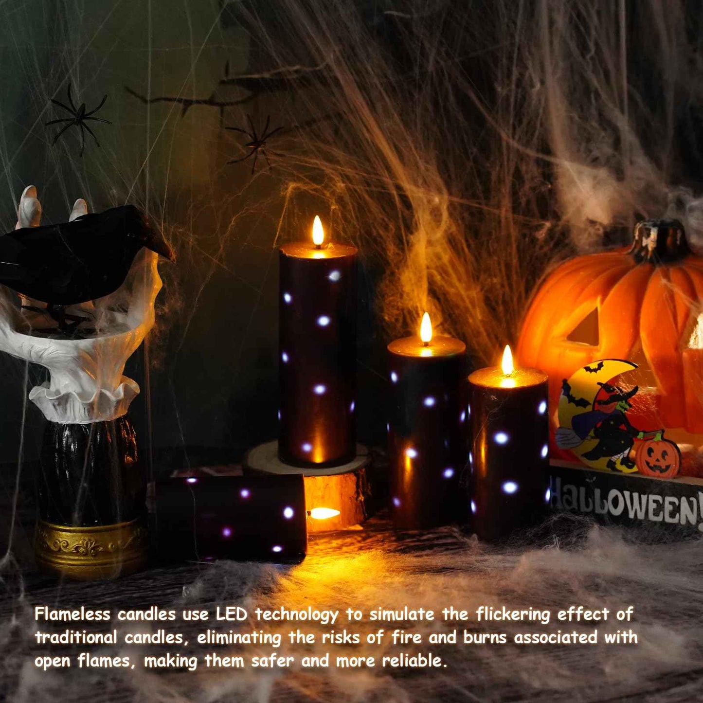 Nimiko Flickering Flameless Candles with Remote Control and Timer Set of 5 Pc Real Wax LED Pillar Candles, Battery Operated Candles（D2.2×H5/5.5"/6"/7"/8"） Halloween Decorations Home Decor （Black）