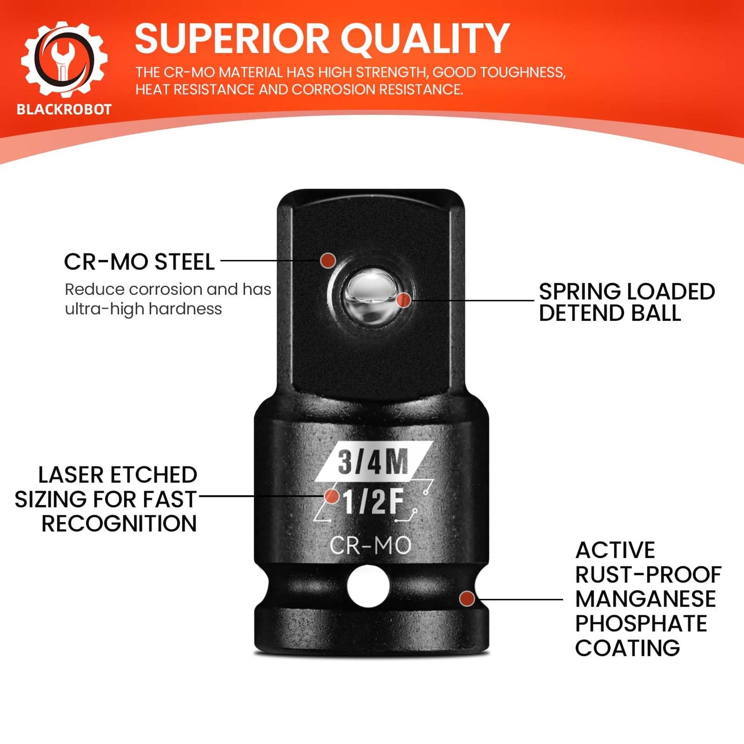 BLACKROBOT 2 Pieces 1/2” F To 3/4” M Impact Socket Adapter Set, SAE Drive Cr-Mo Steel Exceeds ANSI Standards, Square Drive Socket Reducer for Impact Driver Wrench