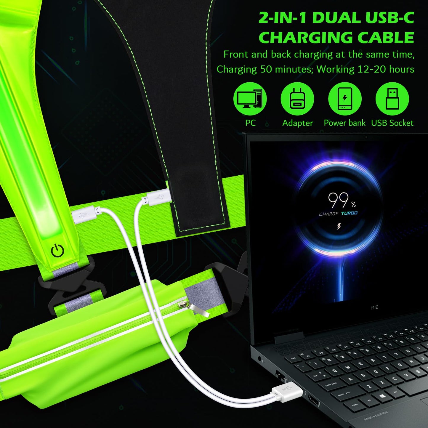 Ylzzrs LED Reflective Vest Running Gear, USB Rechargeable Light Up Running Vest Chest Phone Holder for Runners Night Walking,6-11hrs Light Adjustable Waist/Shoulder for Women Men Kids (Green)