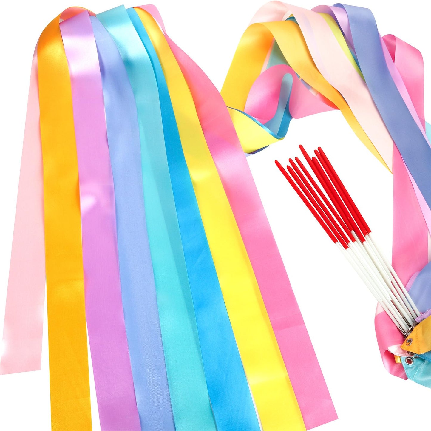 HiUnicorn Rainbow Party Favors Dance Ribbons for Kids Carnival Gymnastics Birthday Party Decoration Supplies, Ribbon Baton Twirling Sticks Silks Streamers Wands for Girls
