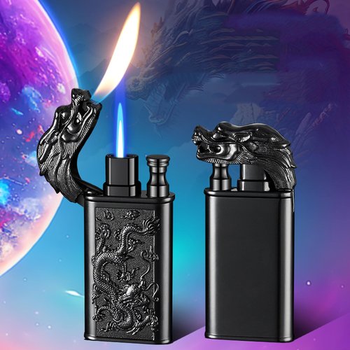 Torch Lighter, Relief Wolf Design Magic Dual Flame Lighter with Adjusting FlameTool, Cool Windproof Jet Lighters, Refillable Butane Lighters for Mens Outdoor Indoor(Without Butane)-Blue Crocodile
