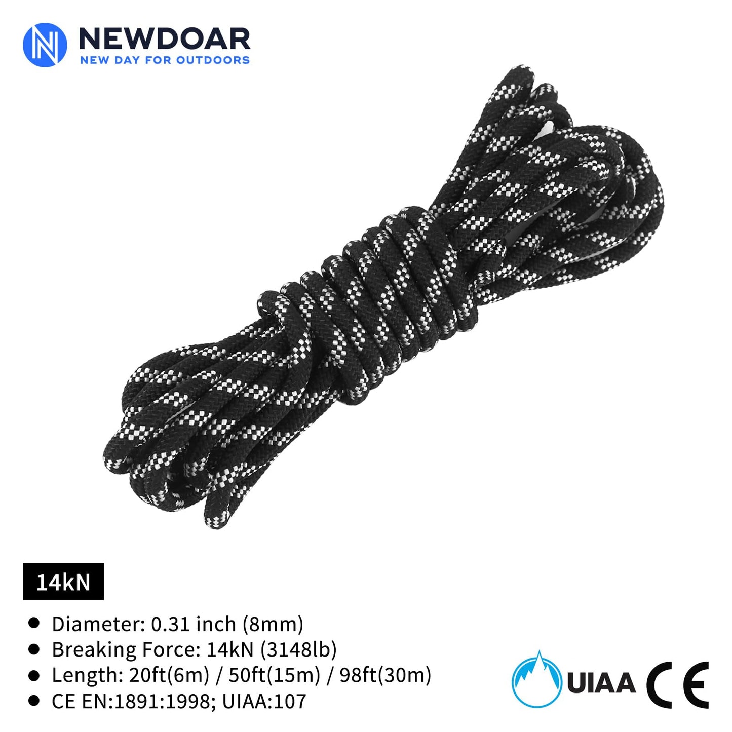 NewDoar Static Climbing Rope - 8mm (5/16c) / 10mm (3/8”) Double Braid Accessory Cord for Rock,Hauling, Prusik, Survival - Pre-Cut 20FT, 50FT, 100FT, 165FT Lengths - Outdoor, Fire Rescue Equipment