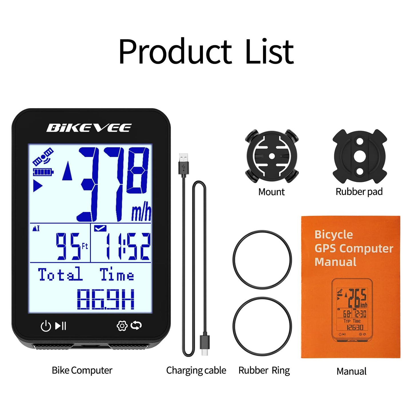 Bikevee GPS Speedometer & Odometer - Wireless Bike Computer, Auto Start/Stop, Auto Backlight, IPX7 Waterproof, 2.4" LCD, Cycling Tracker in MPH & KM/H - Black