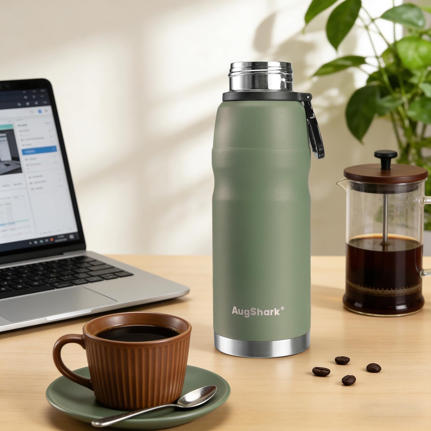 Augshark 20oz Stainless Steel Insulated Water Bottle Travel Coffee Cup with Lid Leak Proof Metal Water Bottle for Hot and Cold Drink Water Flask(Green)