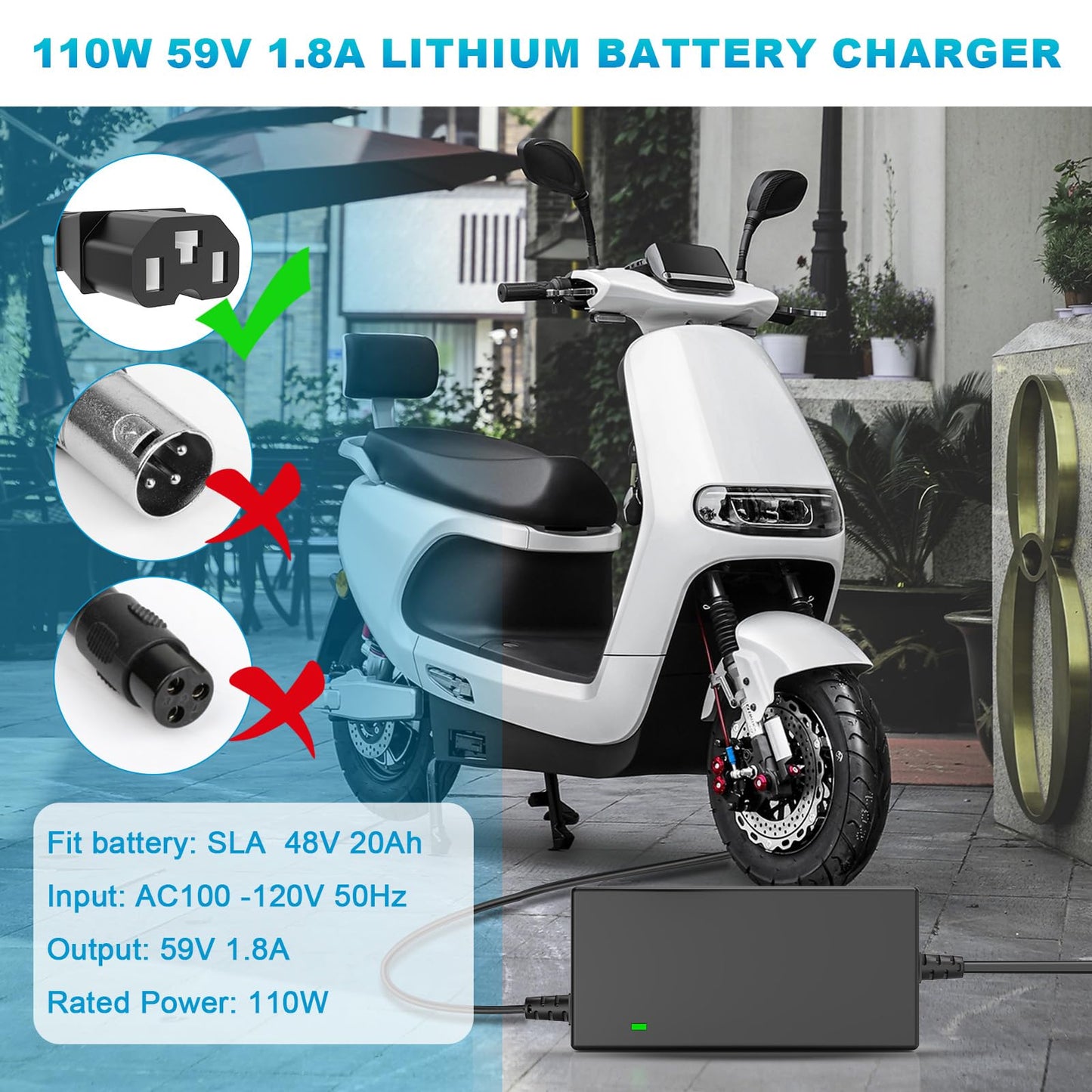 59V 1.8A for 48V 12AH Lead Acid Battery Charger for Electric Bicycle Motor Bike - 3 Holes Plug AC Adapter