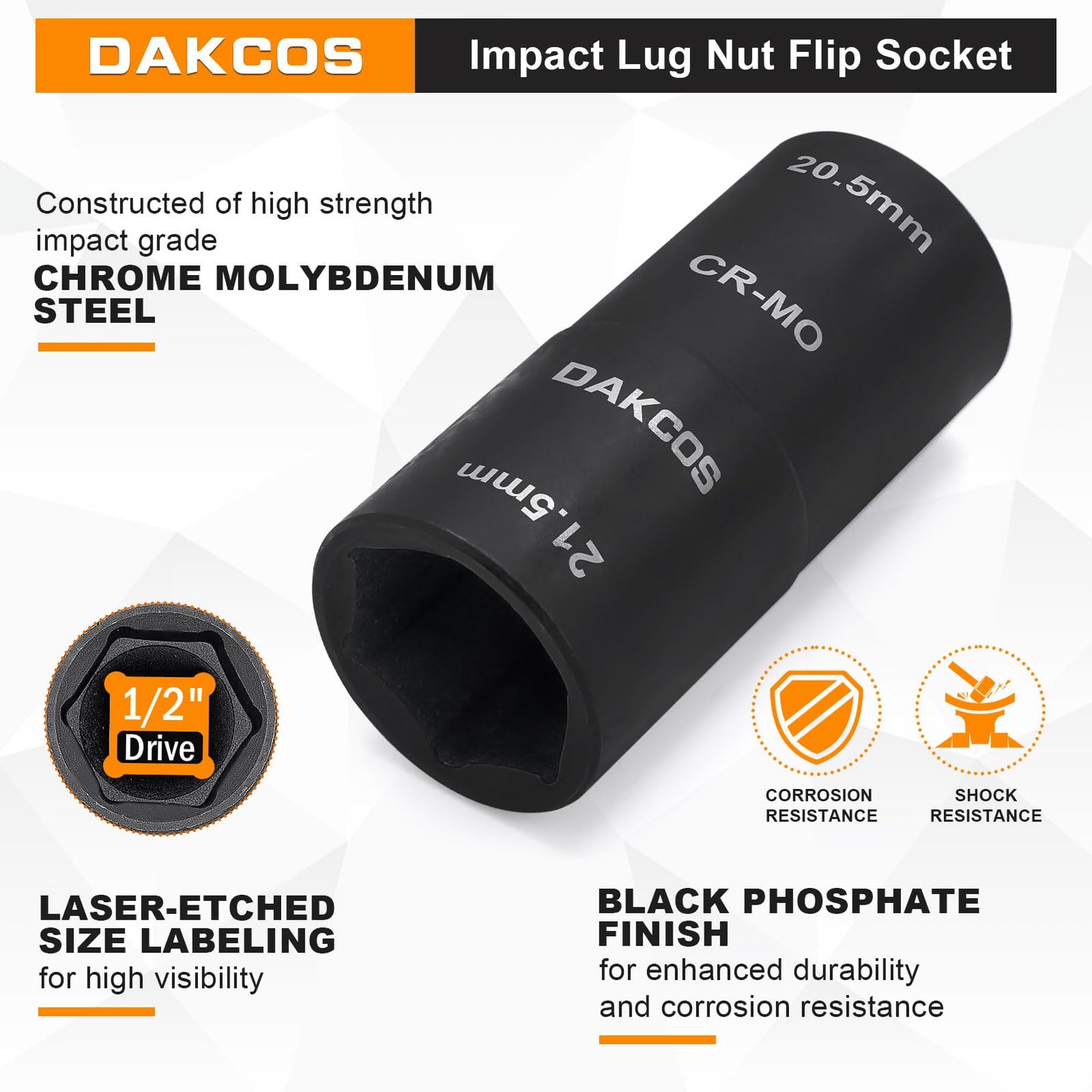 DAKCOS 1/2-inch Drive 20.5 x 21.5 mm Impact Lug Nut Flip Socket, Half Size Lug Nut Socket, CR-MO